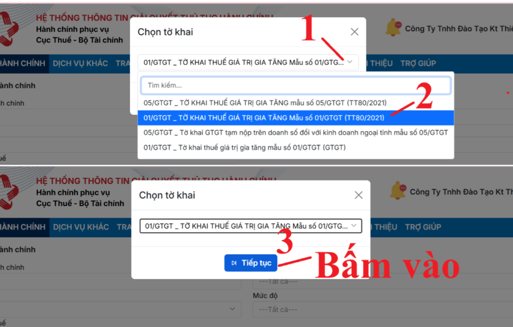 Chọn tờ khai cần nộp