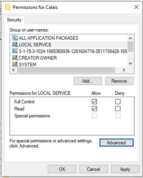 Cấp quyền Full Control cho LOCAL SERVICE