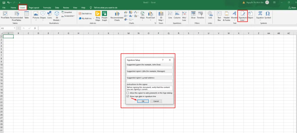 Chèn Signature Line trong Excel