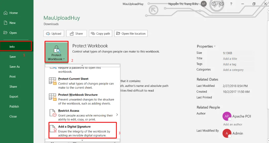 Chọn Add a Digital Signature trong Excel