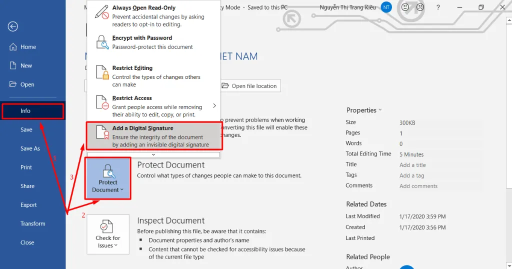 Chọn Add a Digital Signature trong Word