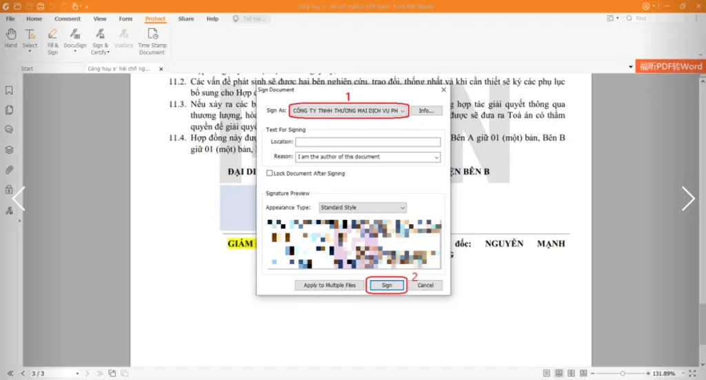 Chọn chứng thư số và bấm Sign trong Foxit