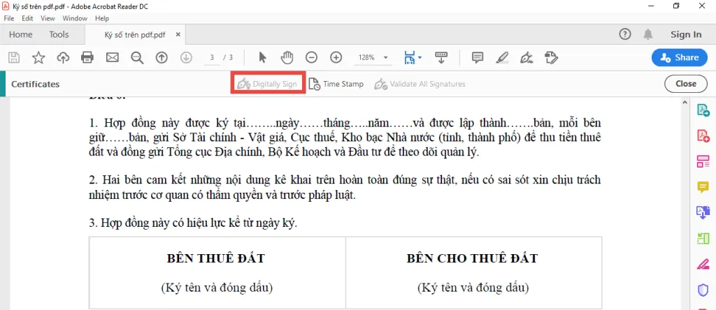 Chọn Digitally Sign và khoanh vùng chữ ký
