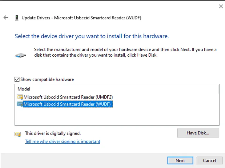 Chọn driver Microsoft Usbccid Smartcard Reader WUDF