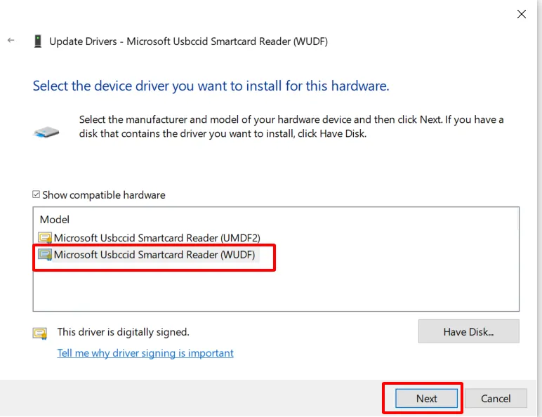 Chọn Microsoft Usbccid Smartcard Reader WUDF