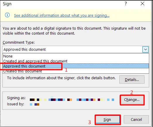 Chọn mục đích ký trên file Excel
