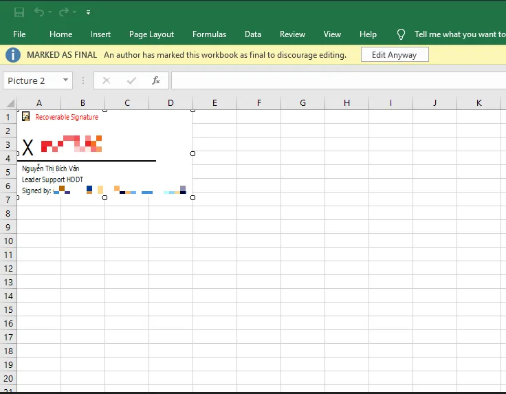 Chữ ký số hiển thị trên bảng tính Excel