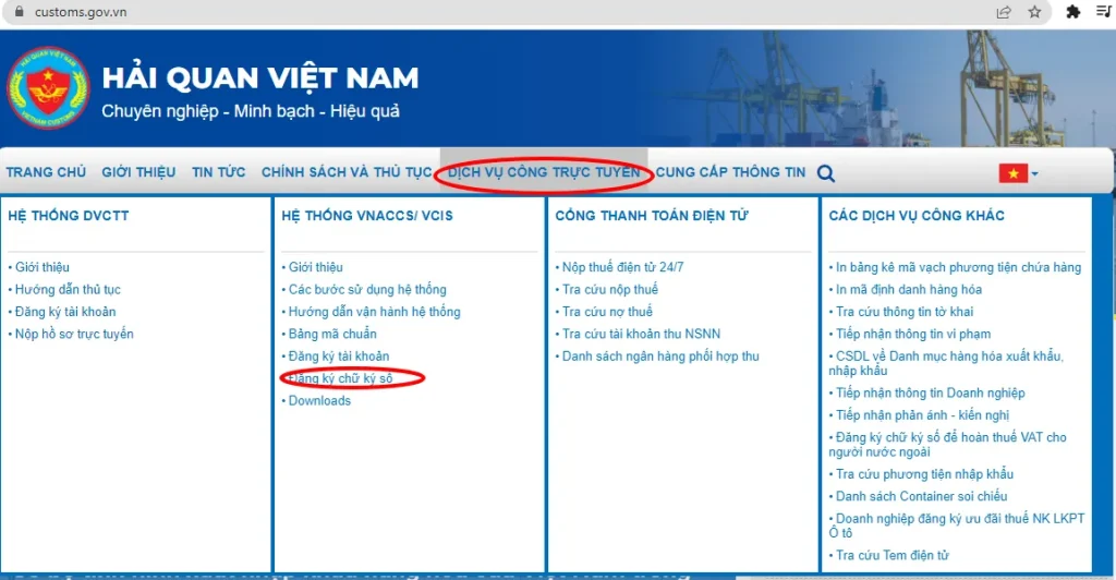 Màn hình đăng ký chữ ký số với hải quan