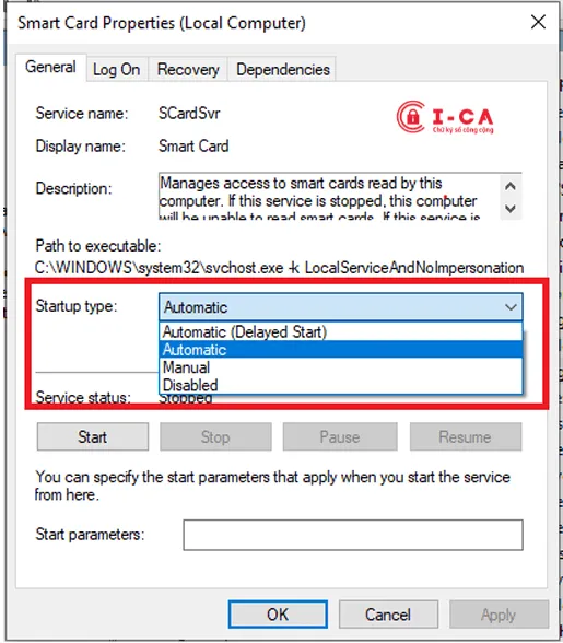 Đặt Startup type của Smart Card về Automatic