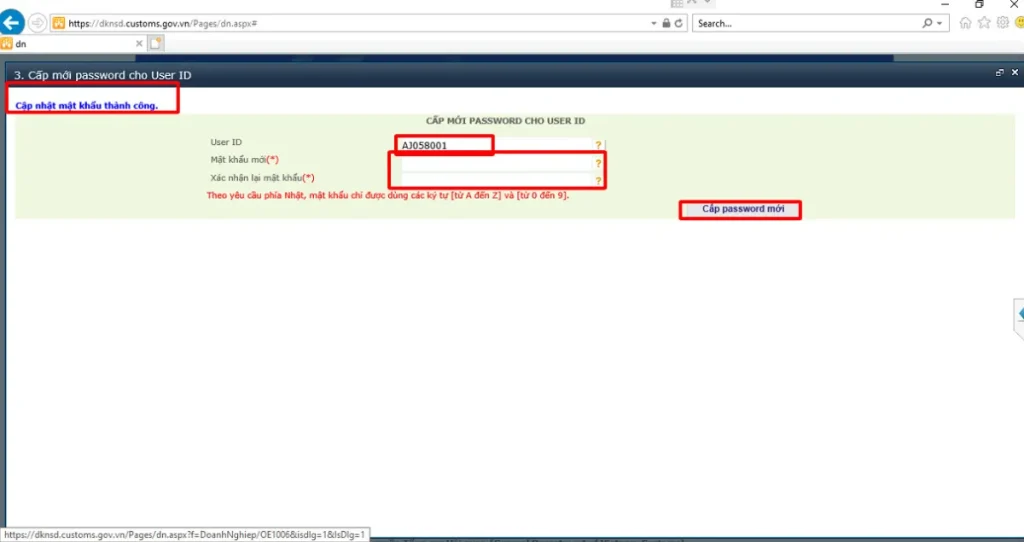 Đổi mật khẩu User ID thành công