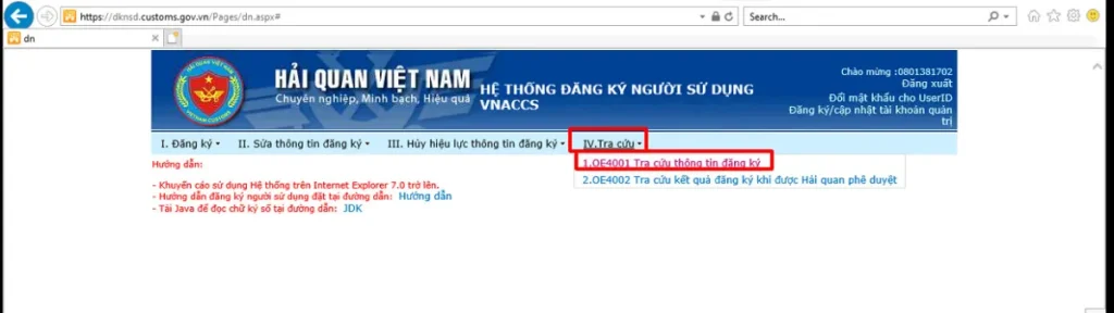Chức năng OE4001 Tra cứu thông tin đăng ký