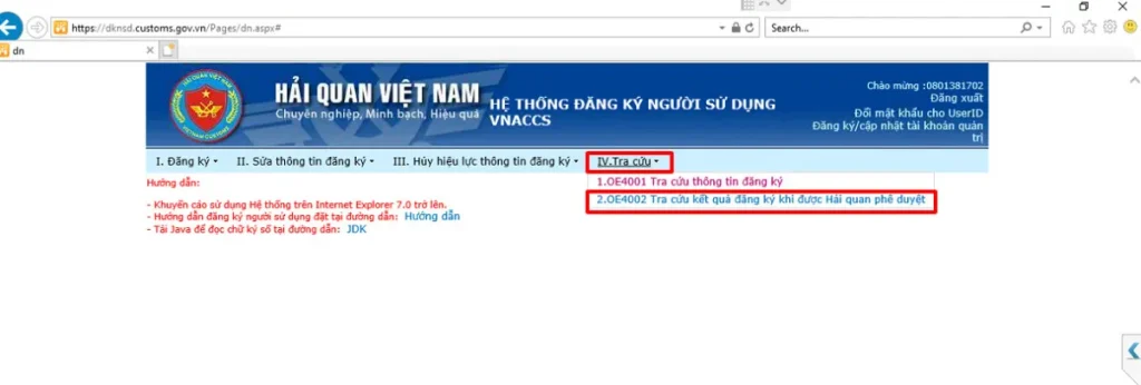Tra cứu kết quả đăng ký khi được hải quan phê duyệt