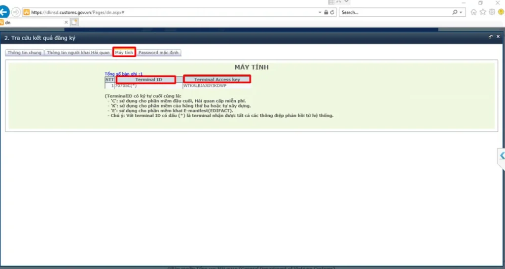 Thông tin Terminal ID và Terminal Access Key