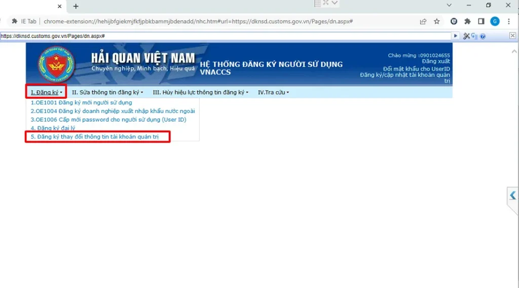 Đăng ký thay đổi thông tin tài khoản quản trị