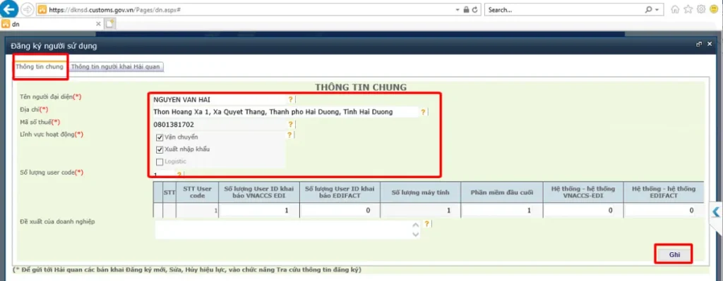 Tab Thông tin chung khi đăng ký người sử dụng