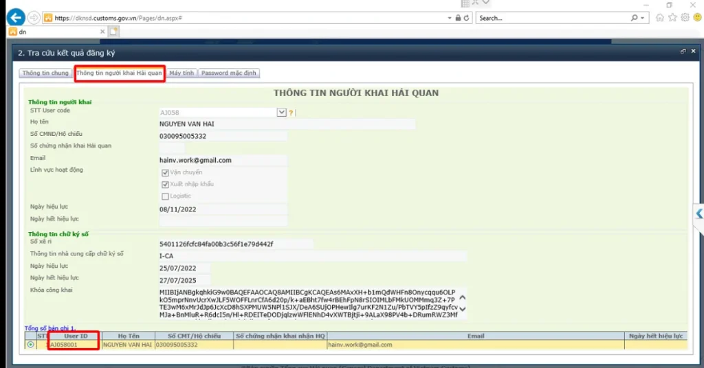 Thông tin User Code và User ID sau khi được phê duyệt