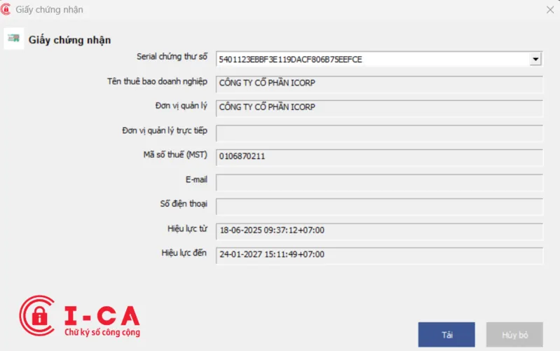Dòng Serial Number của chứng thư số I-CA