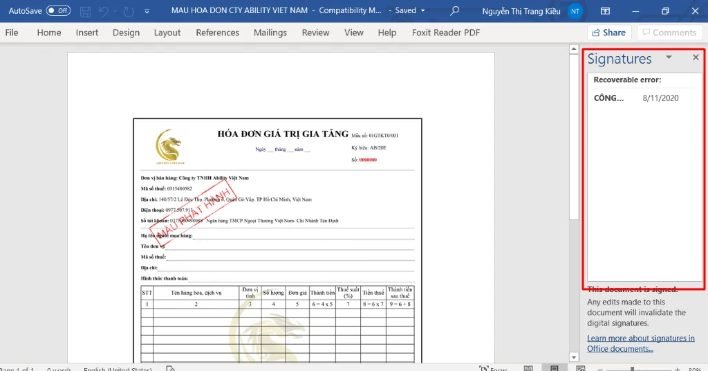 Khung Signatures hiển thị chữ ký số