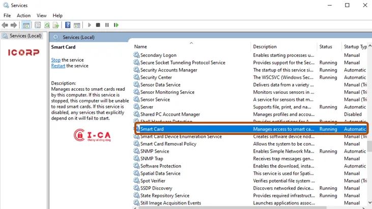 Kiểm tra dịch vụ Smart Card trong services.msc