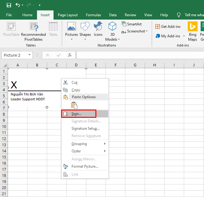 Ký vào khung chữ ký trong Excel