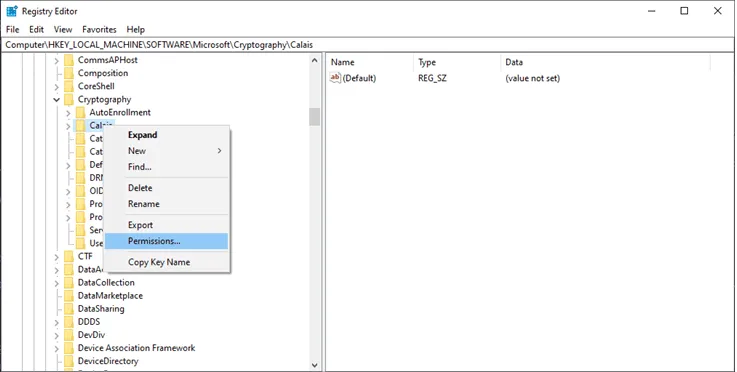 Mở quyền Permissions của khóa Registry Calais