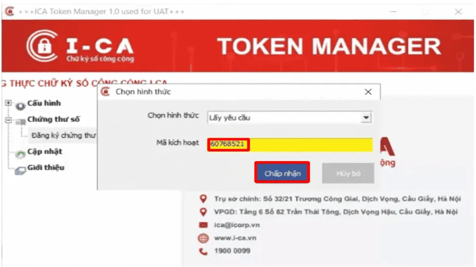 Nhập mã kích hoạt chứng thư số I-CA