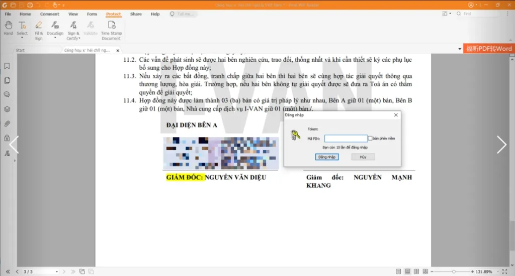 Nhập mã PIN để hoàn tất ký số trong Foxit