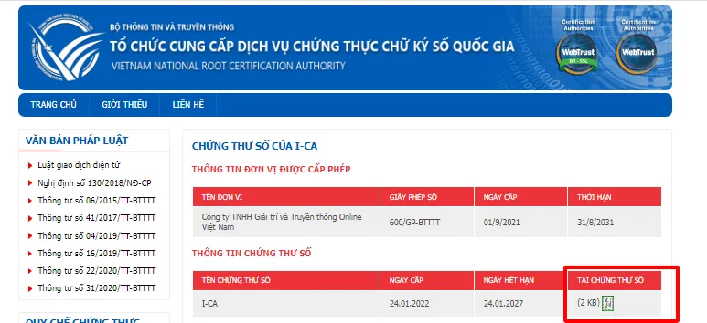 Tải chứng thư số I-CA
