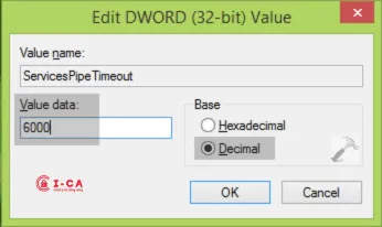 Tạo giá trị ServicesPipeTimeout bằng 60000