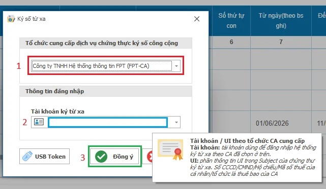 Chọn nhà cung cấp và nhập tài khoản ký số từ xa