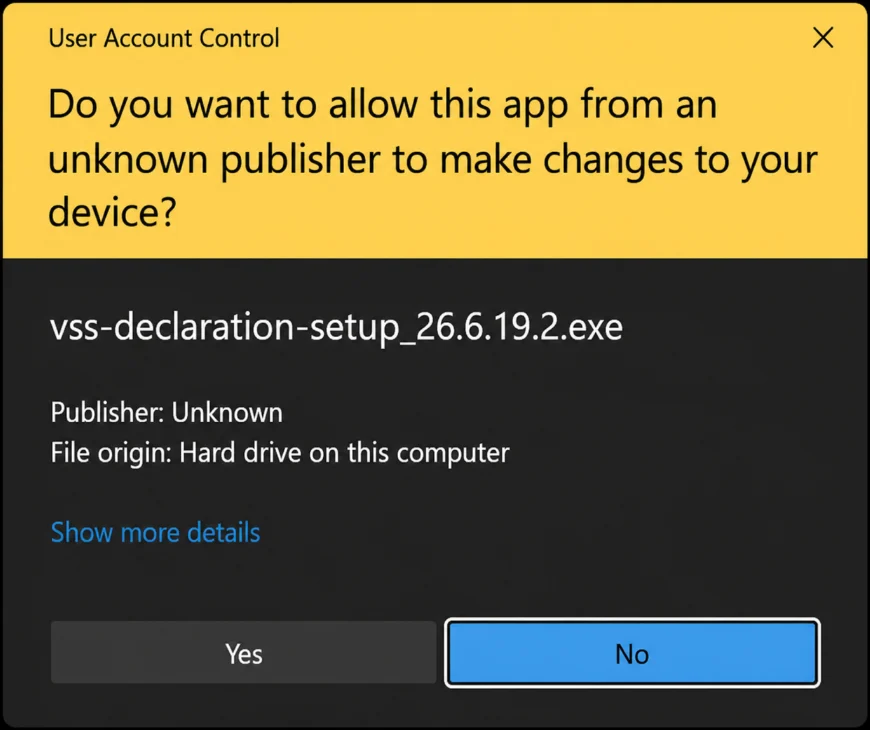 Hộp thoại User Account Control khi cài VSS Declaration