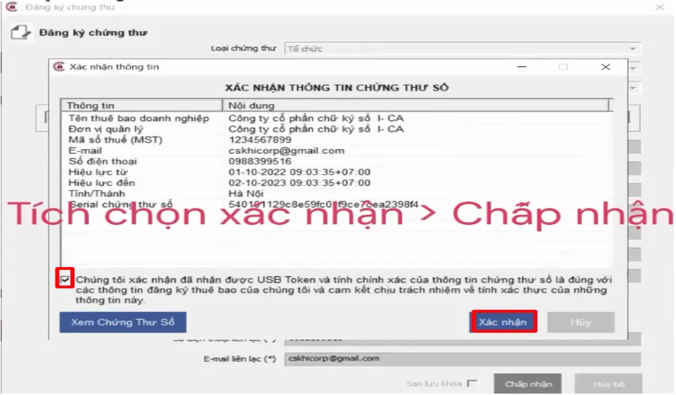Xác nhận nạp chứng thư số vào token