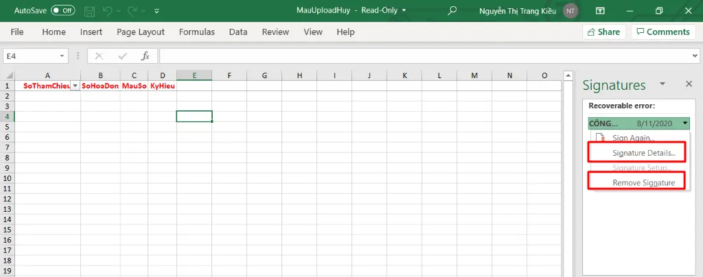 Xem chi tiết hoặc gỡ chữ ký số trong Excel