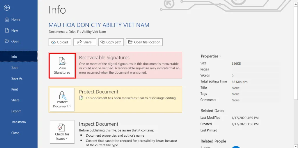Xem chữ ký số đã ký trong Word