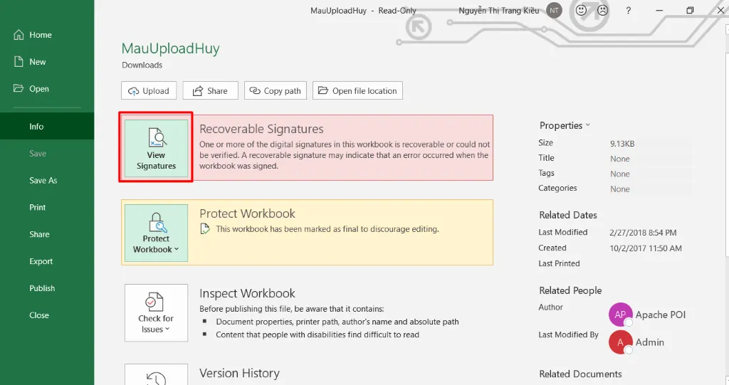 Xem chữ ký số trên file Excel